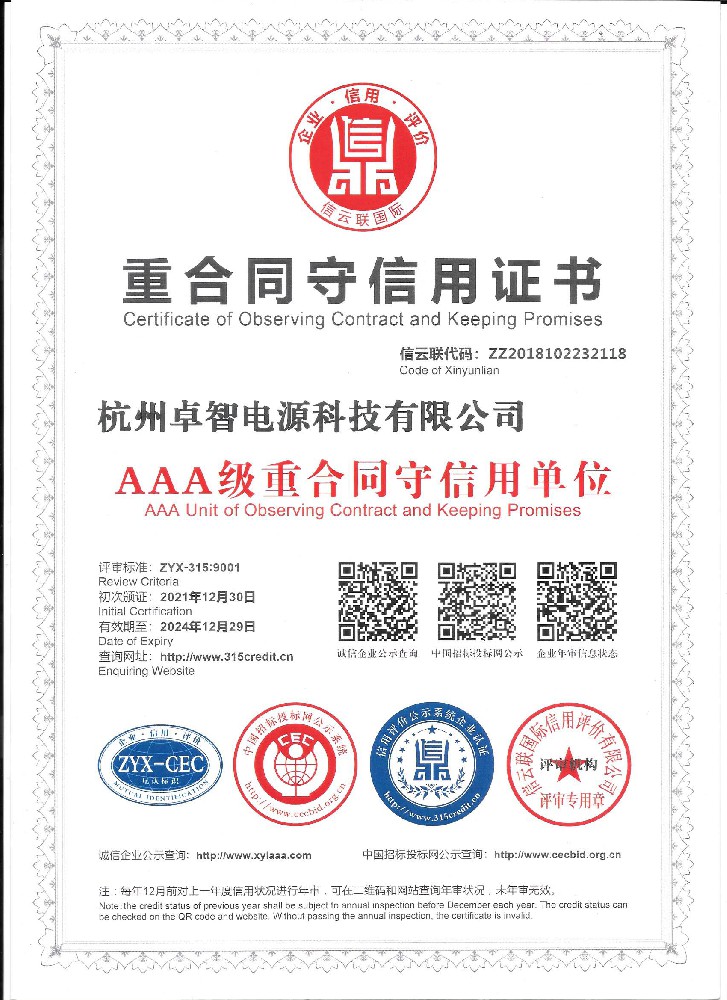 重合同守信用證書